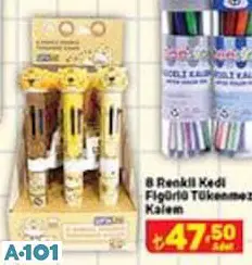8 RENKLİ KEDİ FİGÜRLÜ TÜKENMEZ KALEM